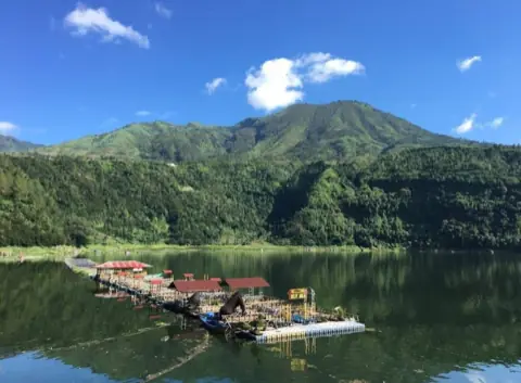 Telaga di Dieng dengan rakit apung dan gunung hijau di belakang