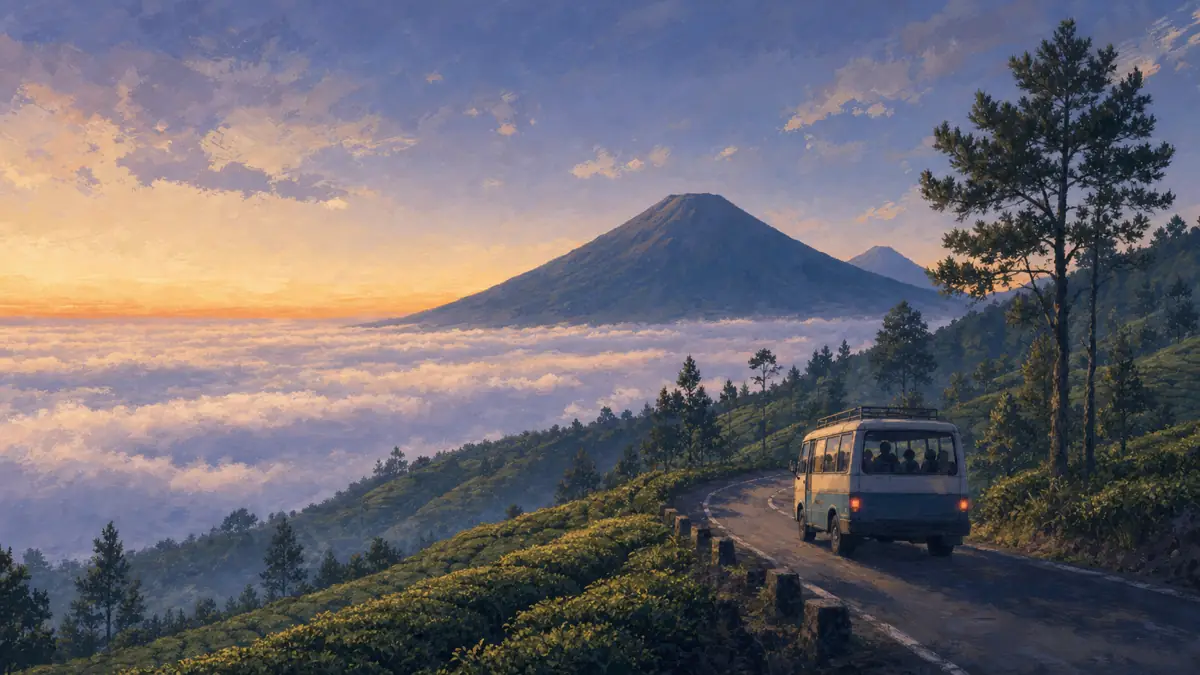 Ilustrasi angkutan umum minibus mendaki jalan ke Dieng