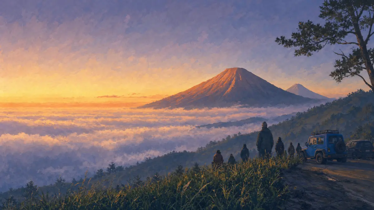 Ilustrasi sunrise dari titik pandang dekat jalan di Dieng tanpa mendaki jauh