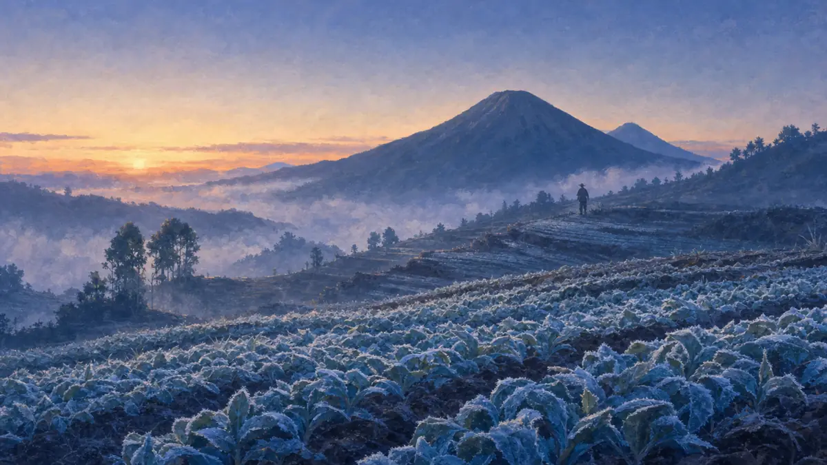 Ilustrasi embun upas membeku di ladang kentang Dieng saat subuh