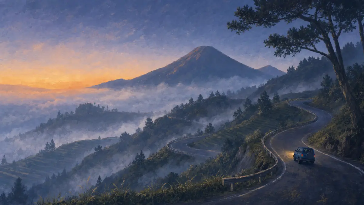 Ilustrasi jalan menanjak berkelok menuju Dieng dalam kabut