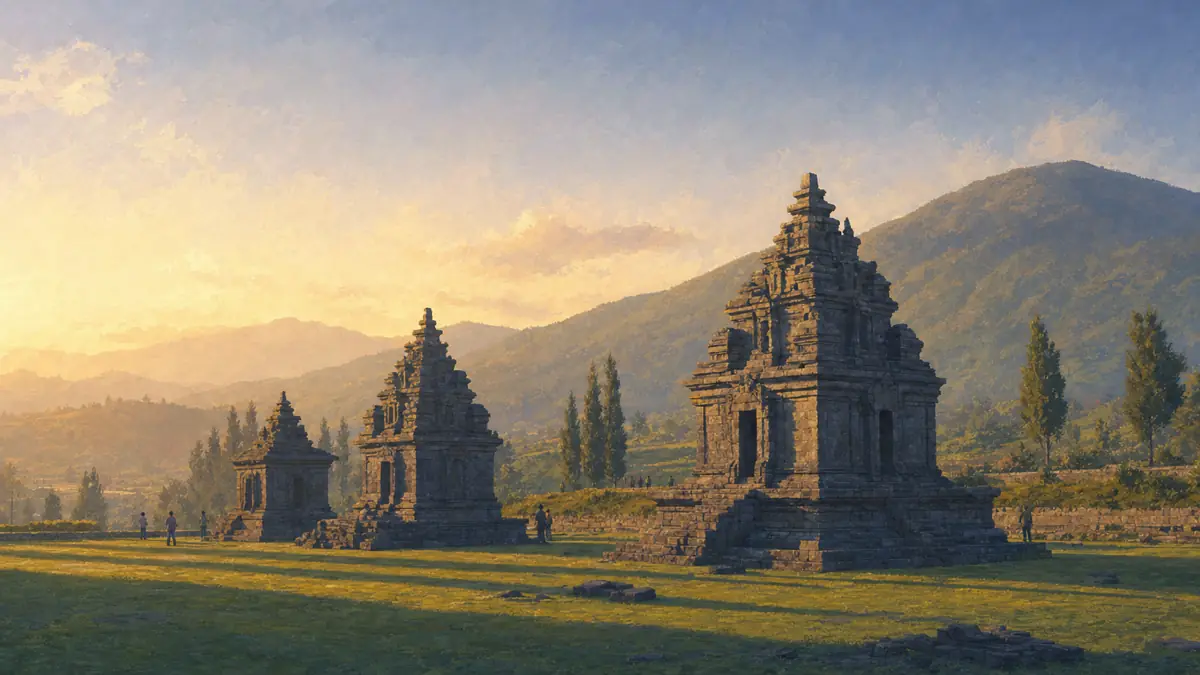 Ilustrasi kompleks Candi Arjuna saat golden hour sore