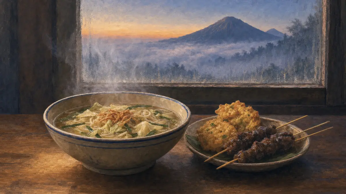 Ilustrasi semangkuk mie ongklok dengan sate dan tempe kemul