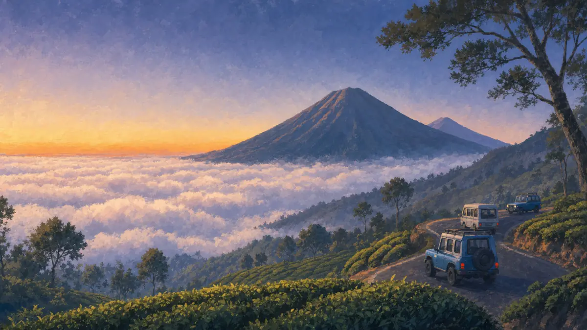 Ilustrasi jeep biru dan bis micro beriringan di jalan Dieng saat sunrise