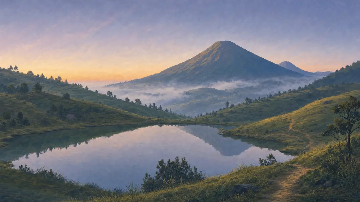 Ilustrasi Telaga Dringo yang tenang di antara bukit rumput