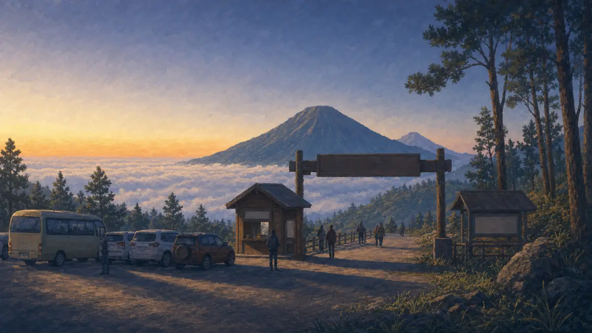 Ilustrasi gerbang dan loket tiket objek wisata di Dieng