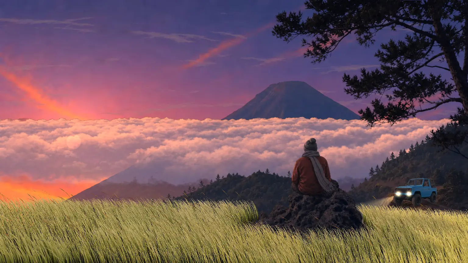 Ilustrasi senja di Dieng dengan langit jingga