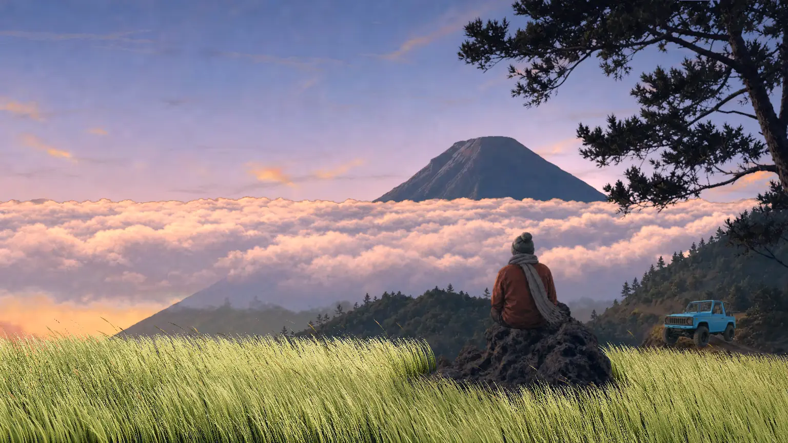 Ilustrasi sunrise di Dieng di atas lautan awan